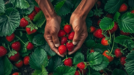 Hands gently cradle a bounty of ripe strawberries amidst lush green foliage.の素材
