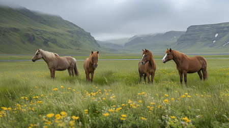 Icelandic horses graze in a lush meadow surrounded by the dramatic landscapes of rural Iceland, exuding calm and freedom.の素材