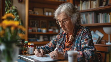 In the cozy warmth of her study, an elderly woman pens her thoughts, surrounded by memories and medication bottles.の素材