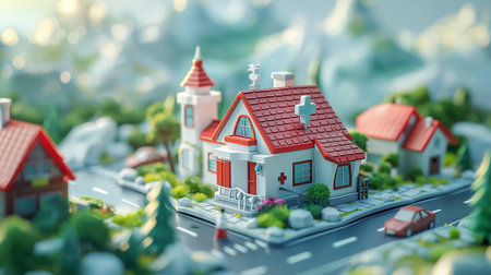 In a whimsical, miniature village, a charming little hospital stands as a beacon of care, surrounded by vibrant homes and lush greenery.の素材