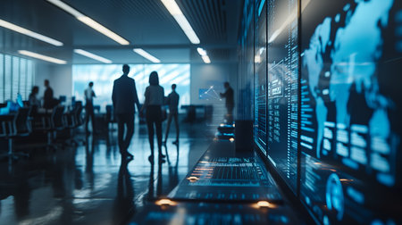 In a sleek, high-tech office, professionals collaborate, surrounded by glowing digital screens and futuristic data displays.の素材