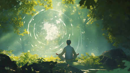 In a tranquil woodland clearing, a man finds peace in meditation under a celestial swirlの素材