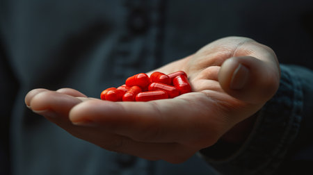 In the palm of a hand lies a collection of red capsules, symbolizing choice, medicine, and the mystery of what could be.の素材