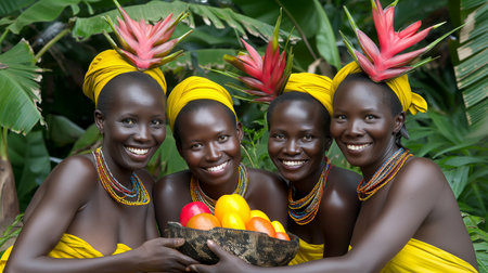 Joyful African women in traditional attire sharing a vibrant meal of fresh fruits in a lush, green setting.の素材