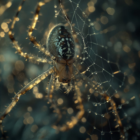 Intricately suspended in a web of golden threads, a spider waits patiently, bathed in the soft, golden bokeh of a dreamlike world.の素材