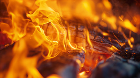 Intense flames dance vigorously, casting a mesmerizing glow over charred wood, embodying the raw power of fireの素材