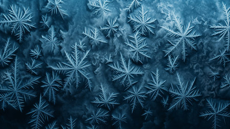 Intricate frost patterns resembling fern leaves spread across a cold, blue-tinted glass surface.の素材
