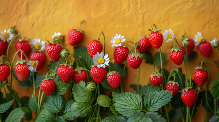Juicy red strawberries nestle among dainty white daisies on a vivid yellow backdrop, evoking a sense of summer freshness.の素材