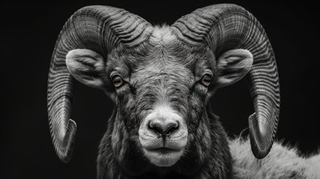 Close-up of a ram on a black background. Monochrome.の素材