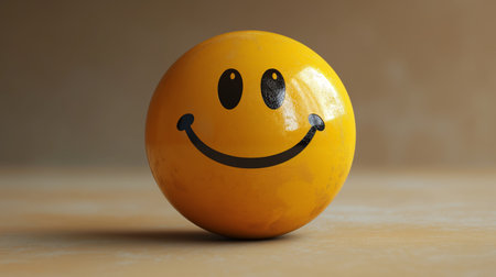 A cheerful yellow smiley face emoji ball radiates happiness against a soft, neutral background.の素材