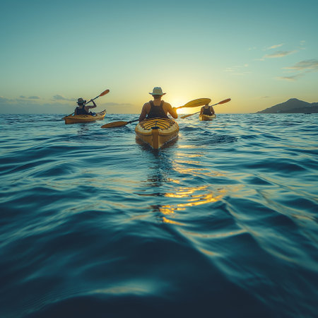 Man paddling a kayak in the sea at sunset time.の素材