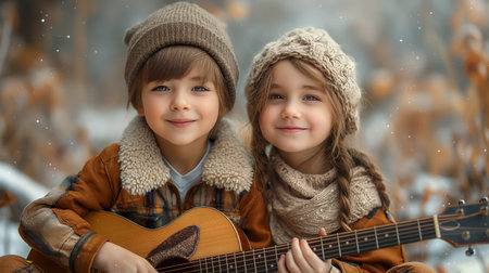 Two little girls playing guitar in the winter forest. The concept of friendship and childhood.の素材