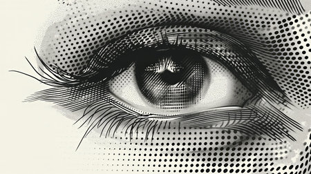 A highly detailed vector illustration of a human eye, rendered in black and white halftone pattern.の素材