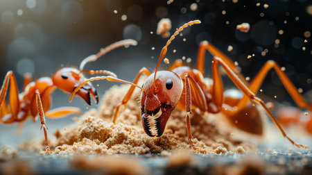 Macro photography of red ants swarming over bread crumbs, illustrating their collective teamwork.の素材