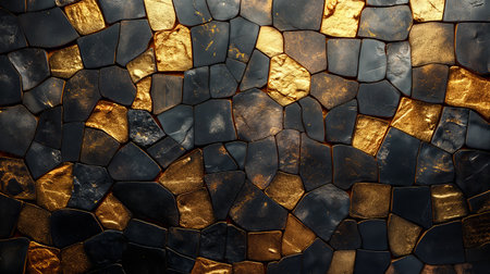 Luxurious mosaic tiles, a rich tapestry of black and gold, imbue opulence and timeless elegance.の素材