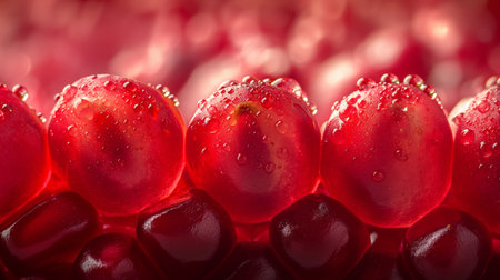 Macro shot of glistening pomegranate seeds, their rich red color highlighted by water droplets.の素材