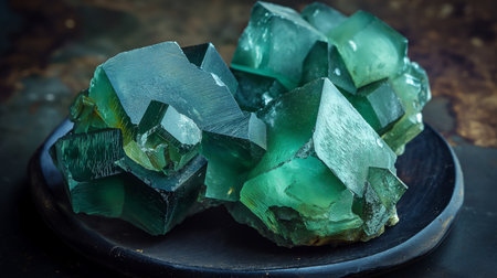 Lustrous green crystals, artistically arranged on a dark plate, capture the mesmerizing beauty of mineral formations.の素材