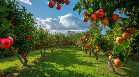 Lush pomegranate trees line orderly paths, bursting with bright red fruits under a clear blue sky.の素材