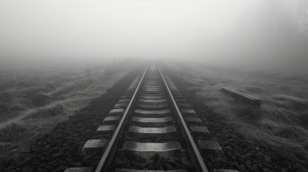 Mysterious railway tracks disappear into a dense, foggy landscape, evoking a sense of the unknown.の素材