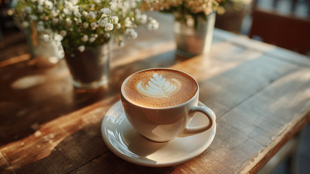Morning light casts a golden glow on a perfect cup of coffee with intricate latte art, sitting beside a vase of fresh flowersの素材