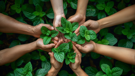 Multiple hands collectively hold vibrant green mint leaves, symbolizing teamwork and growth.の素材
