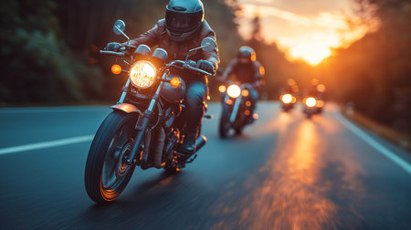 Motorcyclists ride through a dusky forested road, their headlights cutting through the twilight.の素材