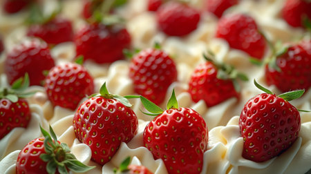 Perfectly ripe strawberries nestled in swirls of creamy topping, evoking a festive, summer dessert vibe.の素材
