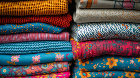Neatly stacked, colorful fabrics display an array of intricate patterns, weaving a tapestry of texture and tradition.の素材