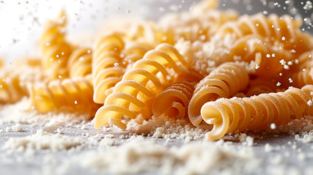 Raw Fusilli pasta spirals fall gracefully against a dusty background, poised in mid-air with a promise of delicious meals.の素材