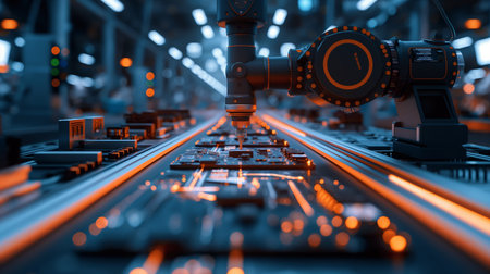 Robotic arms meticulously assembling circuit boards in a high-tech factory illuminated by blue and orange lights.の素材
