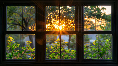 Rays of the setting sun pierce through a window, illuminating vibrant green plants and casting golden reflections.の素材