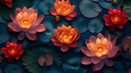Rich, fiery orange and red lotus flowers radiate warmth atop deep blue pads in a tranquil aquatic garden.の素材
