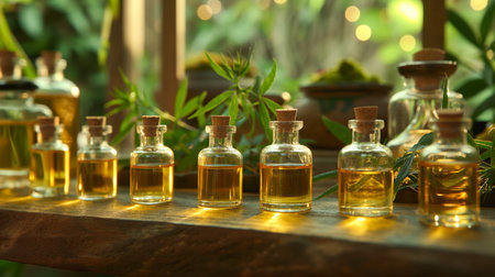 Rows of small glass bottles filled with golden cannabinoid oil, bathed in a warm, natural light.の素材