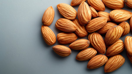 Scattered almonds rest on a cool gray surface, their textures highlighted in natural, soft light.の素材