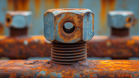 Rusty bolts and nuts, tightly screwed together, display the enduring, gritty texture of weathered metal.の素材