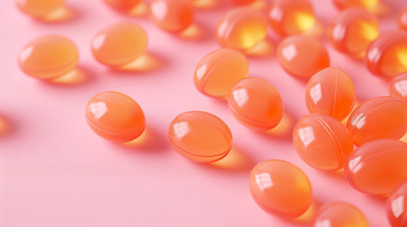 Glowing with vibrant energy, these orange capsules symbolize a daily dose of wellness on a pastel pink backdrop.の素材