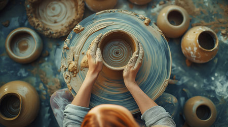 Hands of a young ceramic artist shape a clay pot on a spinning wheel, surrounded by other handmade pottery in a creative studio.の素材