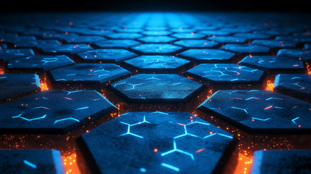 Hexagonal blue tiles glow with neon lines and orange sparks, hinting at a futuristic pathway.の素材