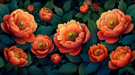 Richly colored, stylized peonies flourish in a lush, dark botanical illustration.の素材