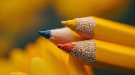 Sharply focused image of colored pencils with tips pointed towards the viewer, set against a vivid yellow background.の素材