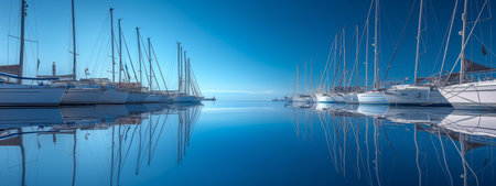 Sailing yachts are moored in the marina, perfectly reflected on the calm, blue water.の素材