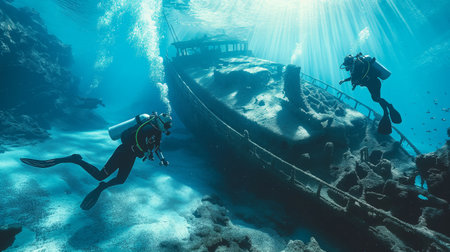 Scuba divers explore an ancient shipwreck submerged beneath a crystal-clear sea.の素材