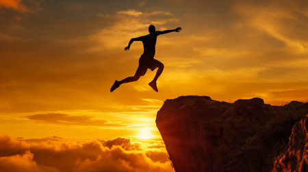 Silhouette of a person leaping between cliffs at sunset, symbolizing taking risks and achieving goals.の素材