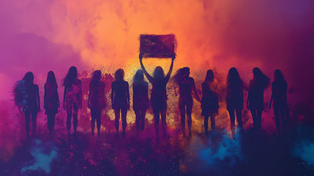 Silhouetted women stand together against a vibrant backdrop, holding up a symbol of unity.の素材