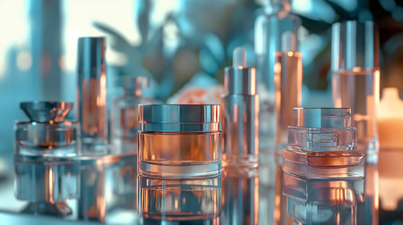Sleek, modern cosmetic products arranged meticulously with a reflective blue background enhancing their aesthetic appeal.の素材