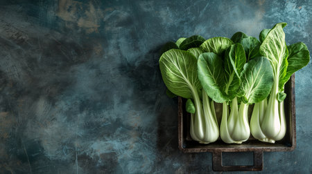 Sleek bok choy leaves rest elegantly in a dark metal container, casting subtle shadows on a moody, textured backdrop.の素材