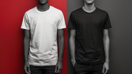 Stark contrasts define this image of two men in monochrome shirts against vibrant backgrounds, embodying simplicity and complexity.の素材