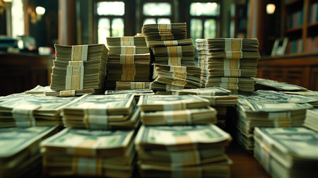 Stacks of crisp hundred-dollar bills amass on a grand wooden table, exuding wealth and the essence of affect.の素材