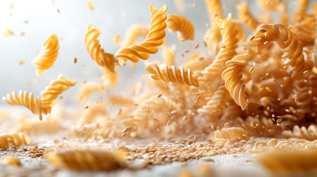 Spirals of raw Fusilli pasta cascade in mid-air, creating a dynamic and enticing visual of uncooked Italian cuisine.の素材
