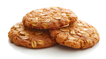 Stacked oatmeal cookies embedded with slivers of almond offer a tempting, textured treat.の素材